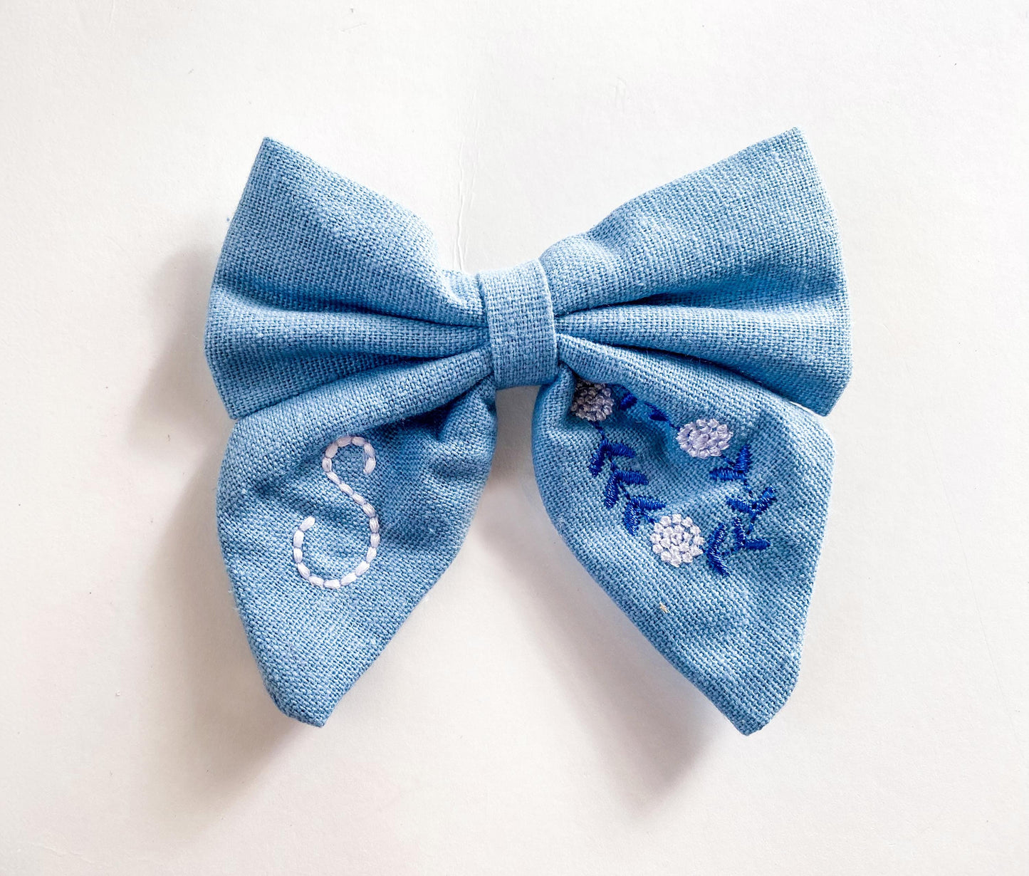 Embroidered Linen Hair Bow: Personalized Initial & Flowers