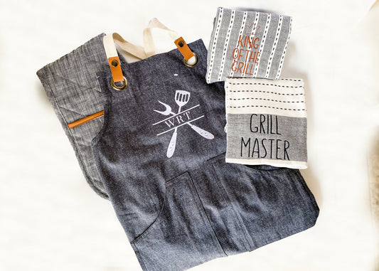 Father's Day Custom Monogrammed BBQ Grilling Apron Gift Set, Matching Towels, Oven Mitt