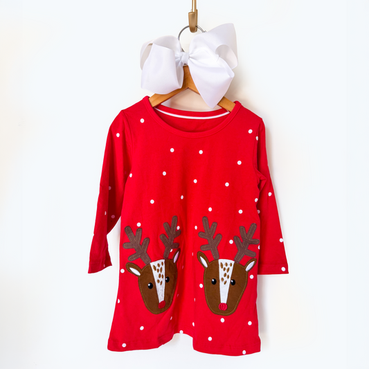 Girl's Christmas Reindeer Dress | Red Holiday Dress - Savannah Creations