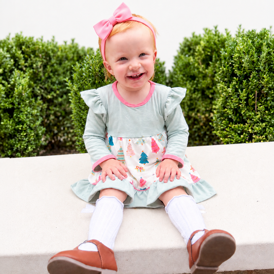 Girl's Festive Christmas Tree Cotton Ruffle Christmas Dress - Savannah Creations
