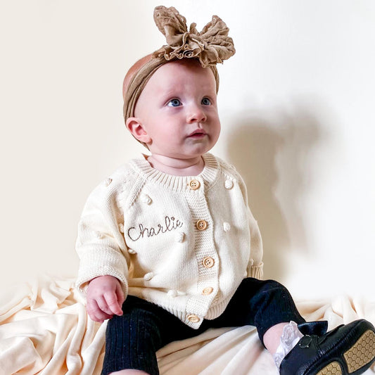 Girl’s Baby Monogrammed Customized Cardigan with Puff Details, Baby Shower Gift, Christmas Family Photos