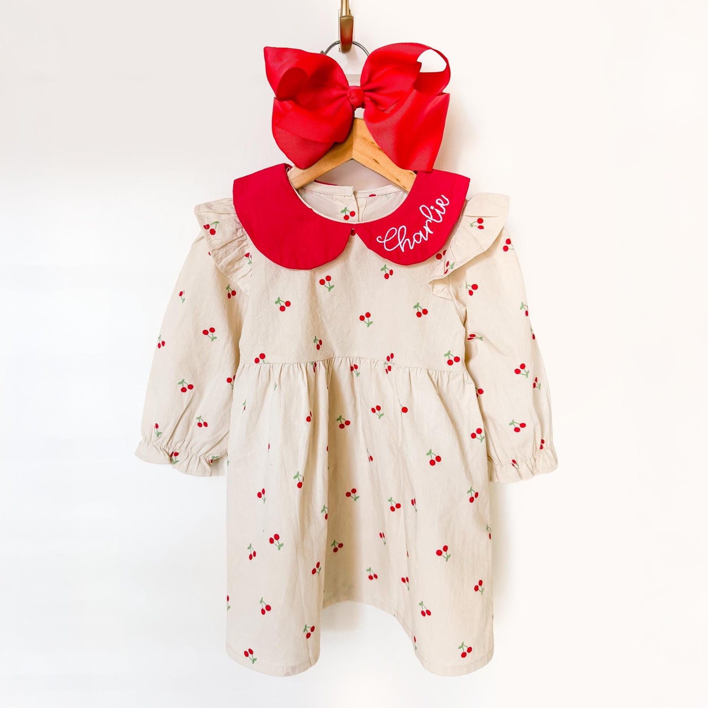 Girl's Monogrammed Cherry Dress, 100% Cotton, Birthday Party, Gift, Summer, Family Photos