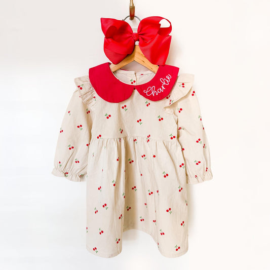 Girl's Monogrammed Cherry Dress, 100% Cotton, Birthday Party, Gift, Summer, Family Photos