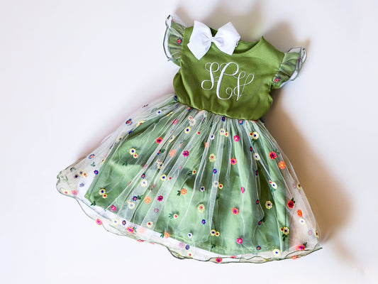 Girl's Monogrammed Spring Dress, Easter Dress, Embroidered Detailed Flowers, Wedding, Party