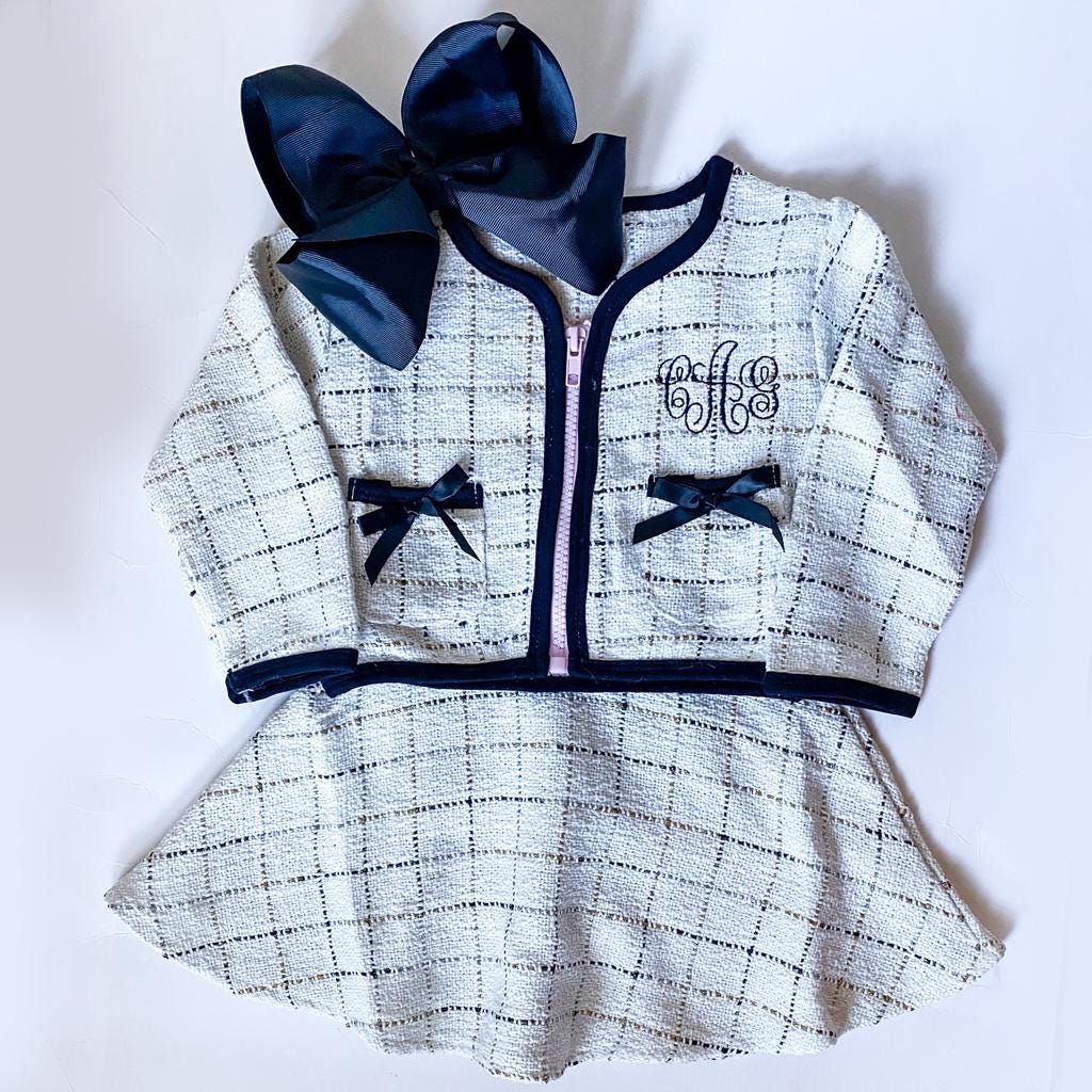 Girl's Monogrammed Tweed Dress and Jacket Baby, Toddler Outfit Set with Bow Pockets