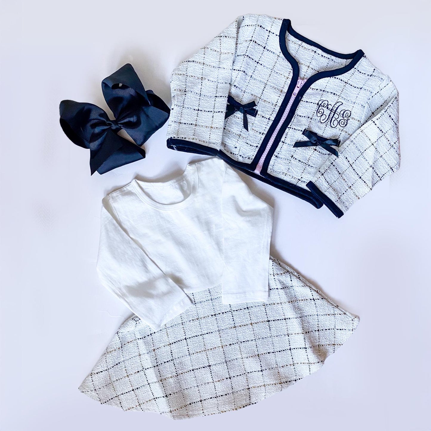 Girl's Monogrammed Tweed Dress and Jacket Baby, Toddler Outfit Set with Bow Pockets