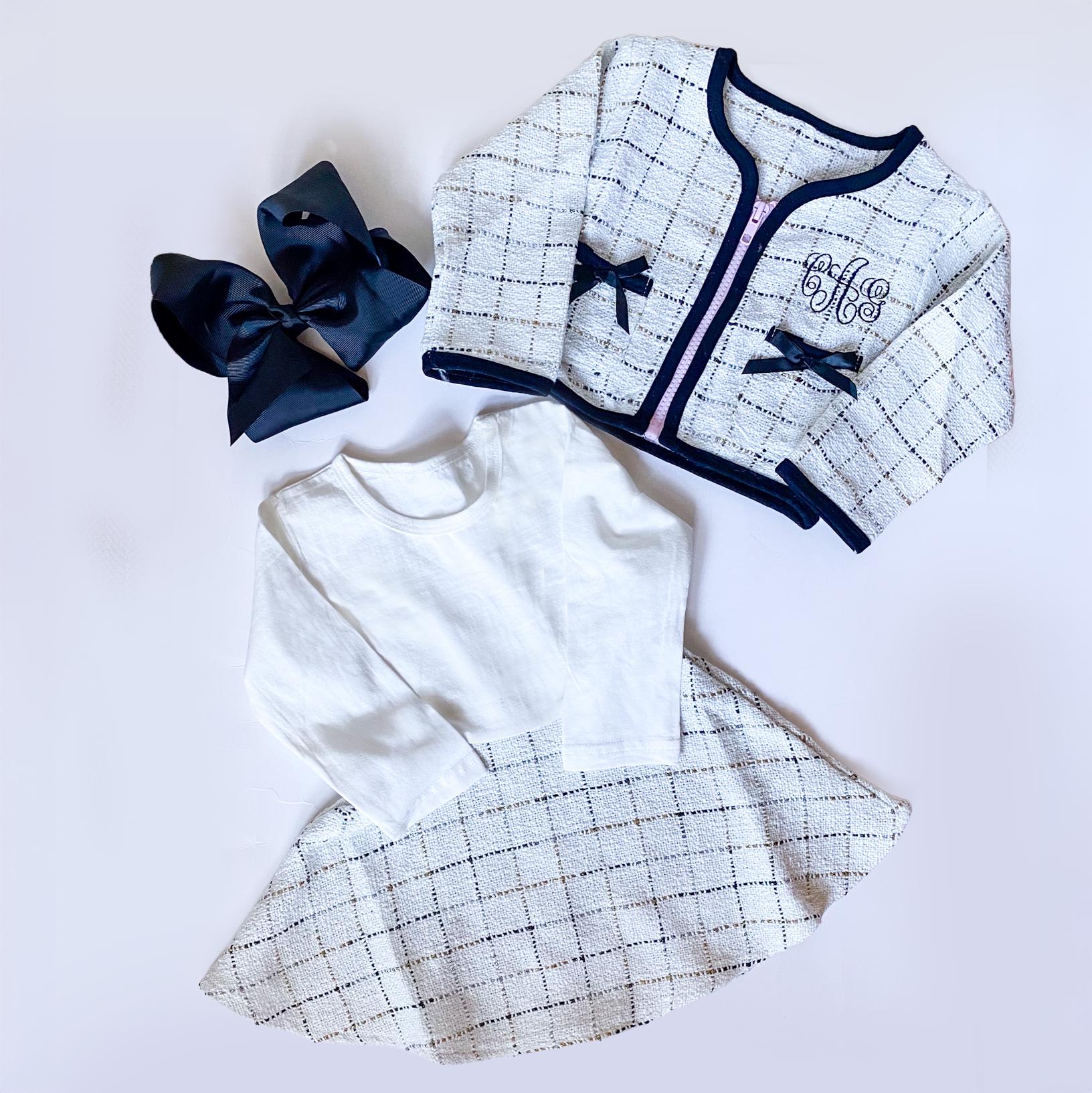 Girl's Monogrammed Tweed Dress and Jacket Baby, Toddler Outfit Set with Bow Pockets