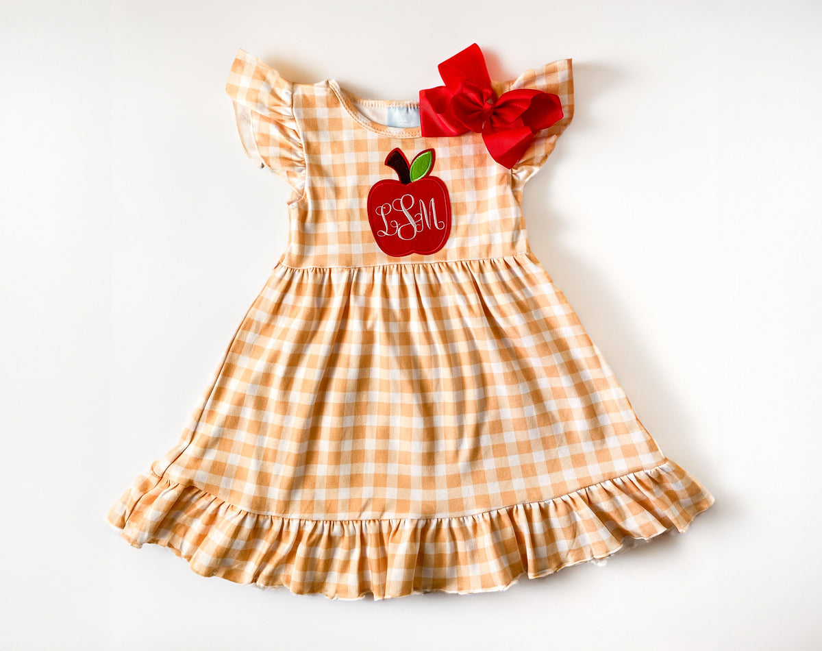 Monogrammed Girls Back to School Dress with Bow: Embroidered Apple Outfit