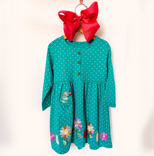 Girls teal polka dot caterpillar embroidered dress with floral hem