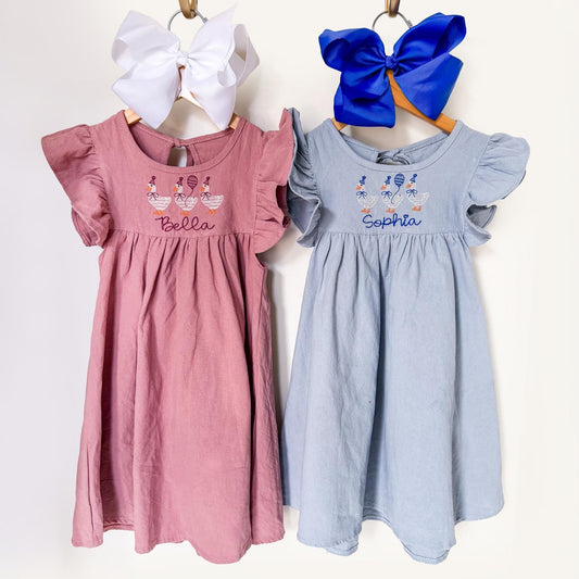 Girls Goose Birthday Dress, Monogrammed Linen Summer and Spring Dress, Embroidered Name