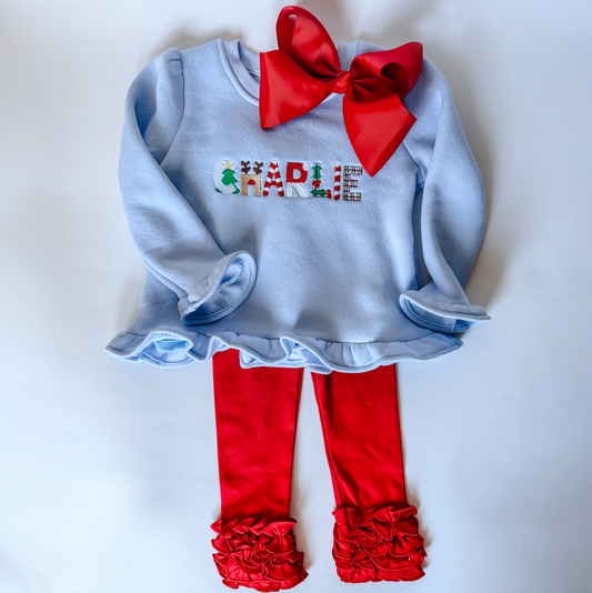 Girls' Personalized Christmas Name Ruffle Sweatshirt — Baby Blue - Savannah Creations