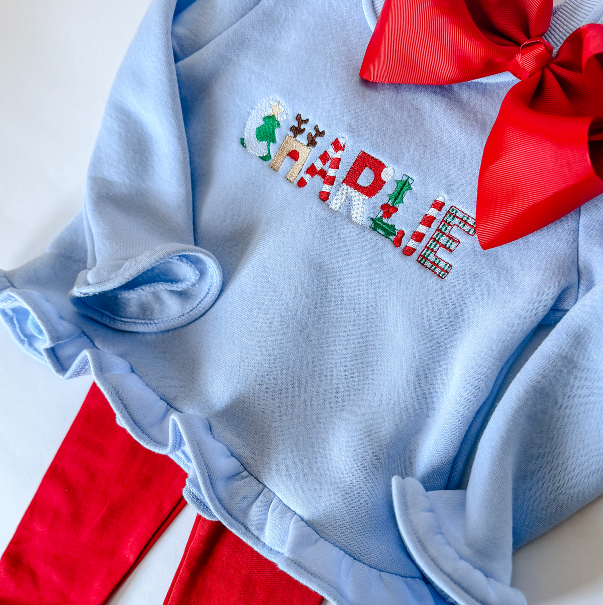 Girls' Personalized Christmas Name Ruffle Sweatshirt — Baby Blue - Savannah Creations