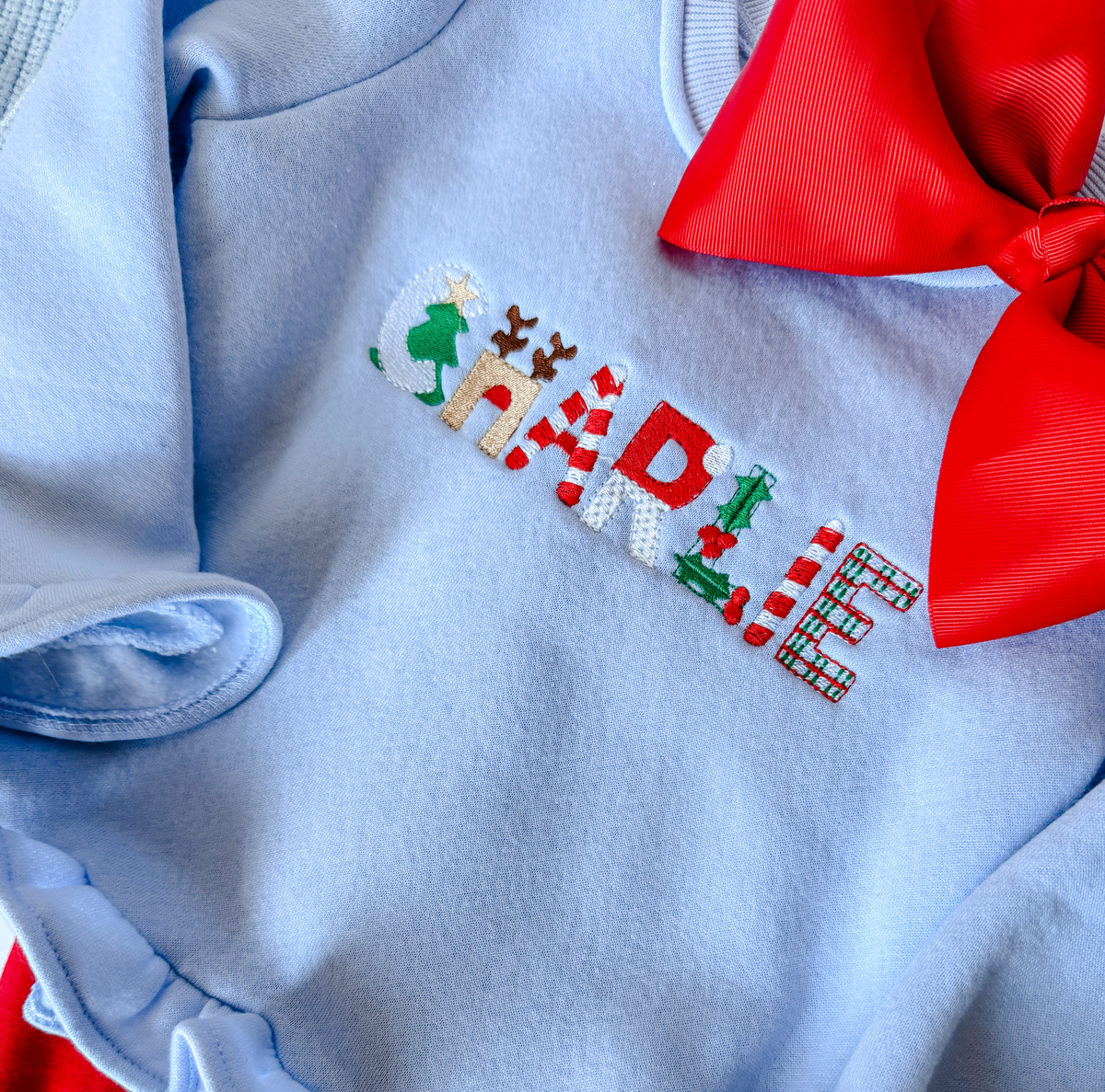 Girls' Personalized Christmas Name Ruffle Sweatshirt — Baby Blue - Savannah Creations