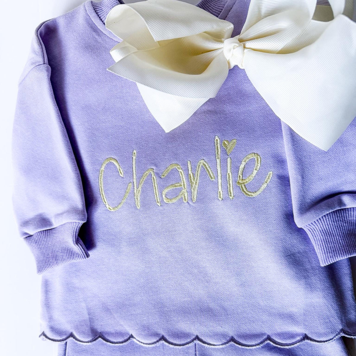 Personalized Girls Sweatsuit Set, Embroidered Name Outfit, Scalloped Hem Pants, Bow Included