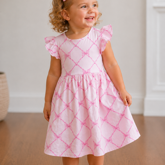 Girls Pink Bow Play Dress | Buttery Soft Twirl Dress for Toddlers and Girls - Savannah Creations