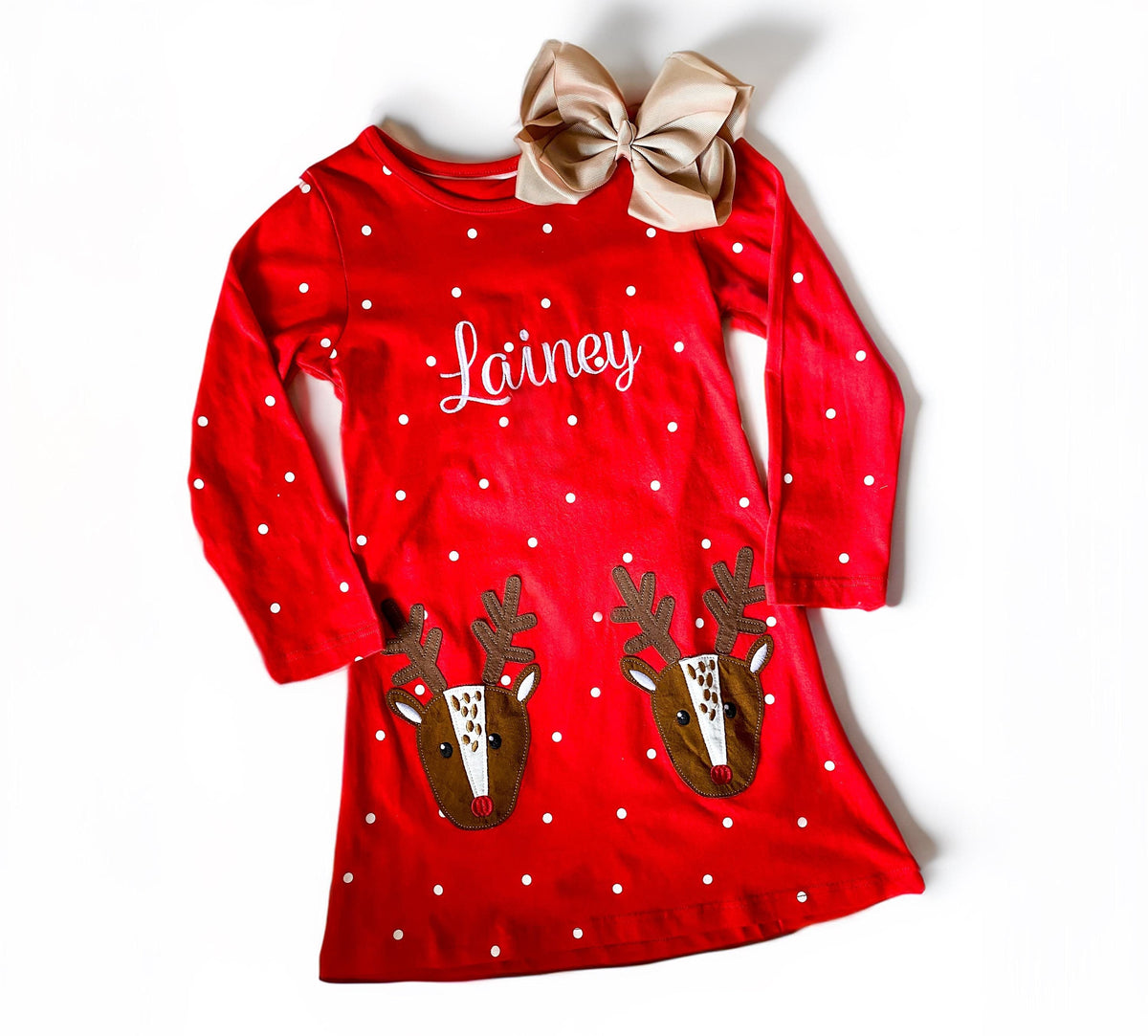 Girl's Monogrammed Christmas Reindeer Dress, Cotton Dress with Name, Family Christmas Photo Outfit, Christmas Holiday Party Dress - Savannah Creations