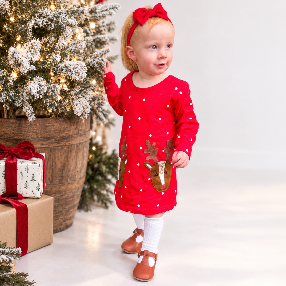 Girl's Christmas Reindeer Dress | Red Holiday Dress - Savannah Creations
