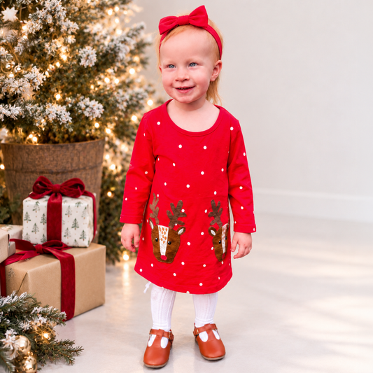 Girl's Christmas Reindeer Dress | Red Holiday Dress - Savannah Creations