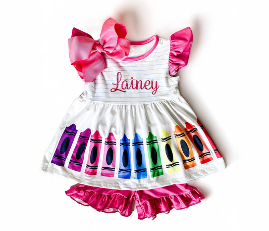 Girls' Back to School Crayon Outfit: Monogrammed 2-Piece Set