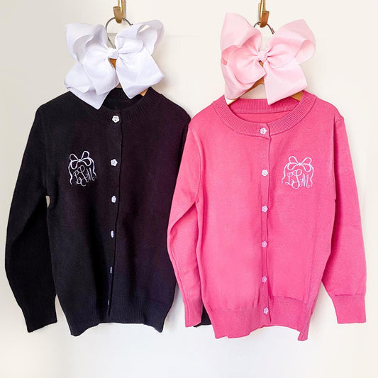 Girls Bow monogrammed cardigan, soft, personalized embroidered cardigan