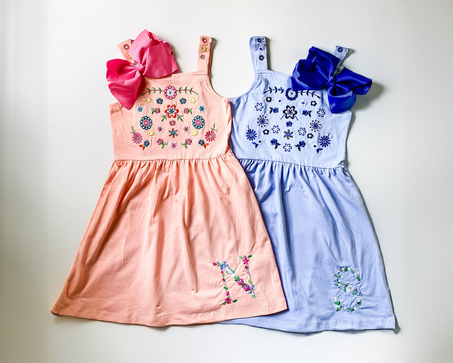 Girls' Flower Embroidered Monogrammed Cotton Dress