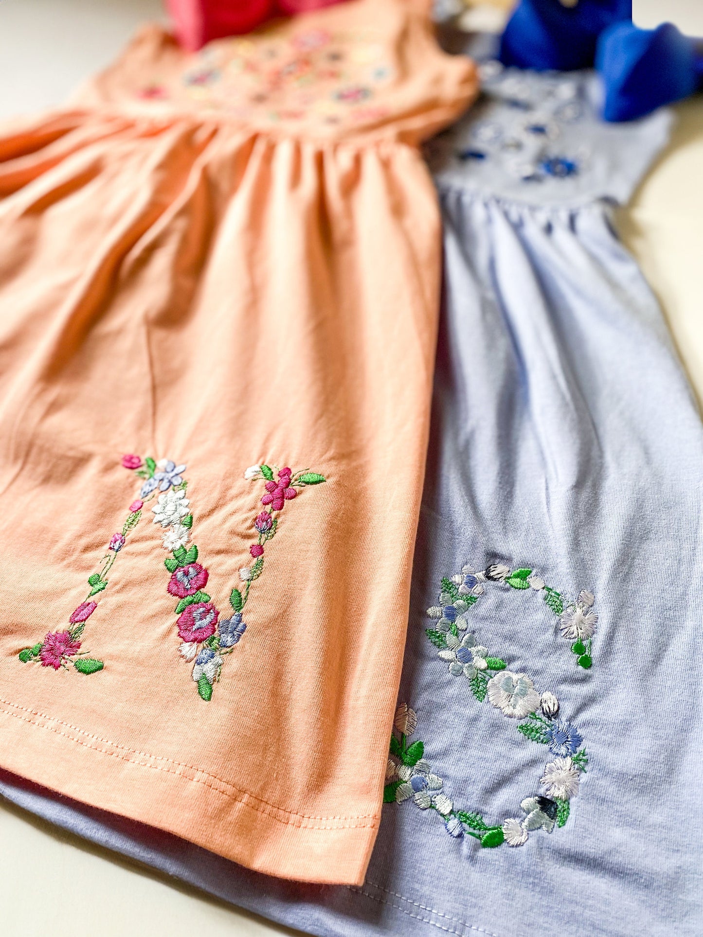 Girls' Flower Embroidered Monogrammed Cotton Dress