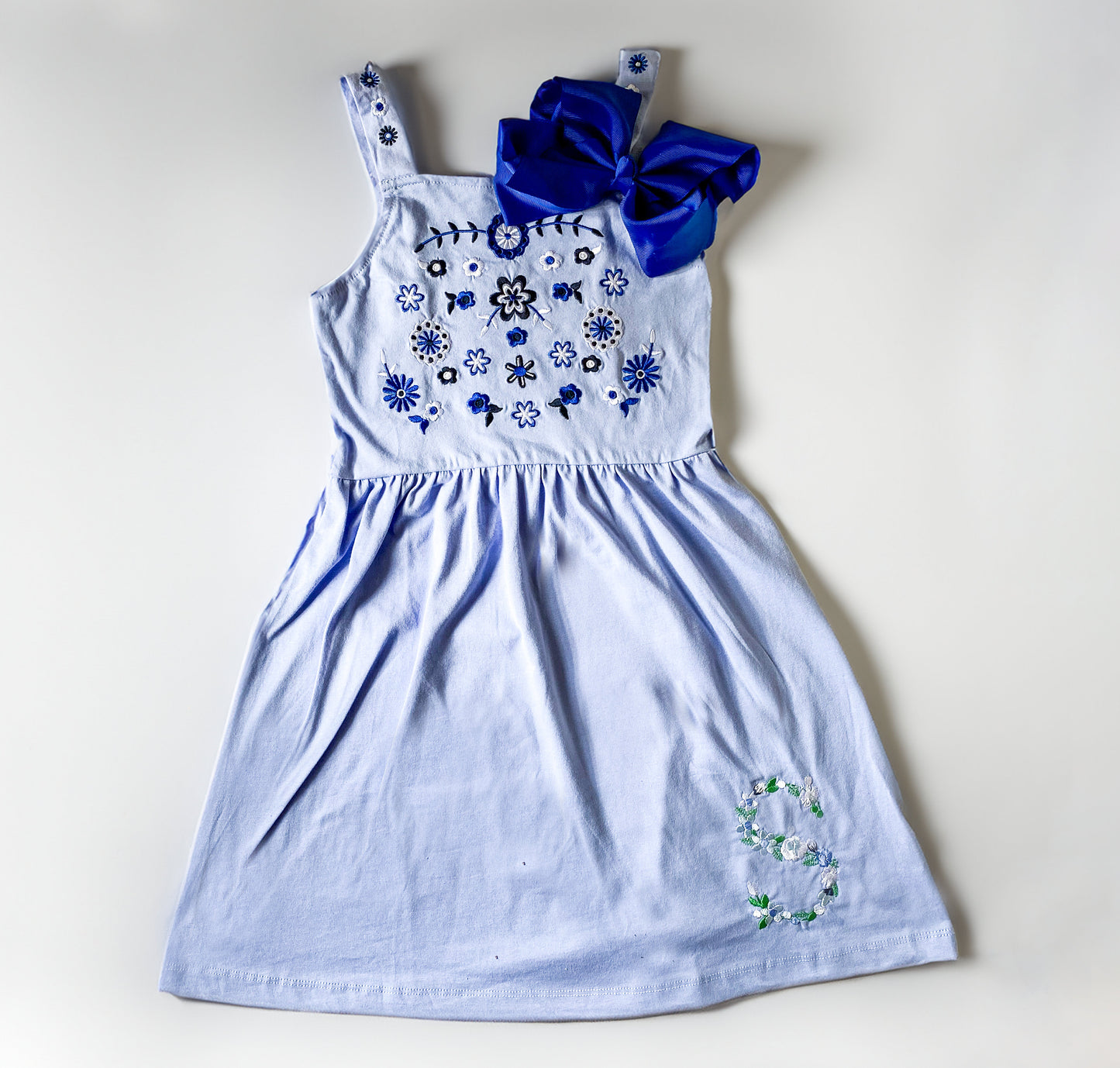 Girls' Flower Embroidered Monogrammed Cotton Dress