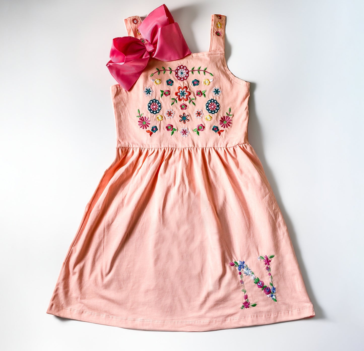 Girls' Flower Embroidered Monogrammed Cotton Dress
