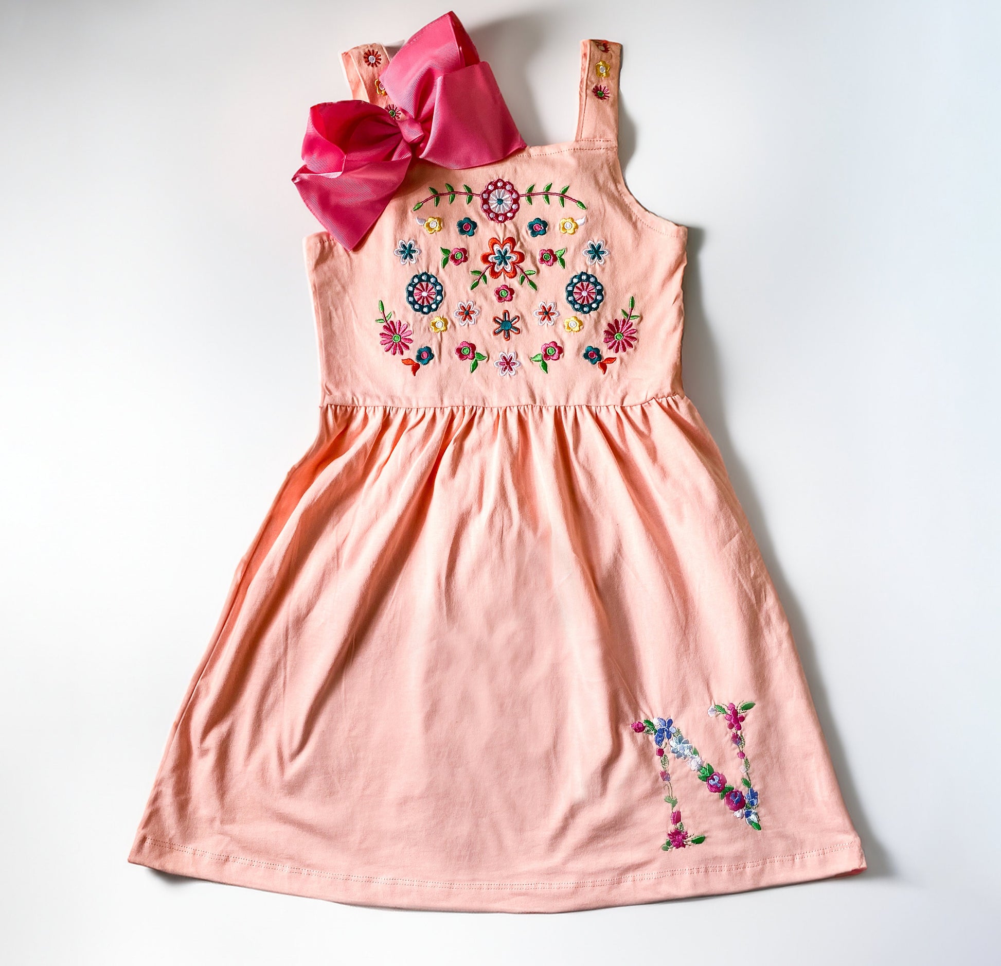 Girls' Flower Embroidered Monogrammed Cotton Dress