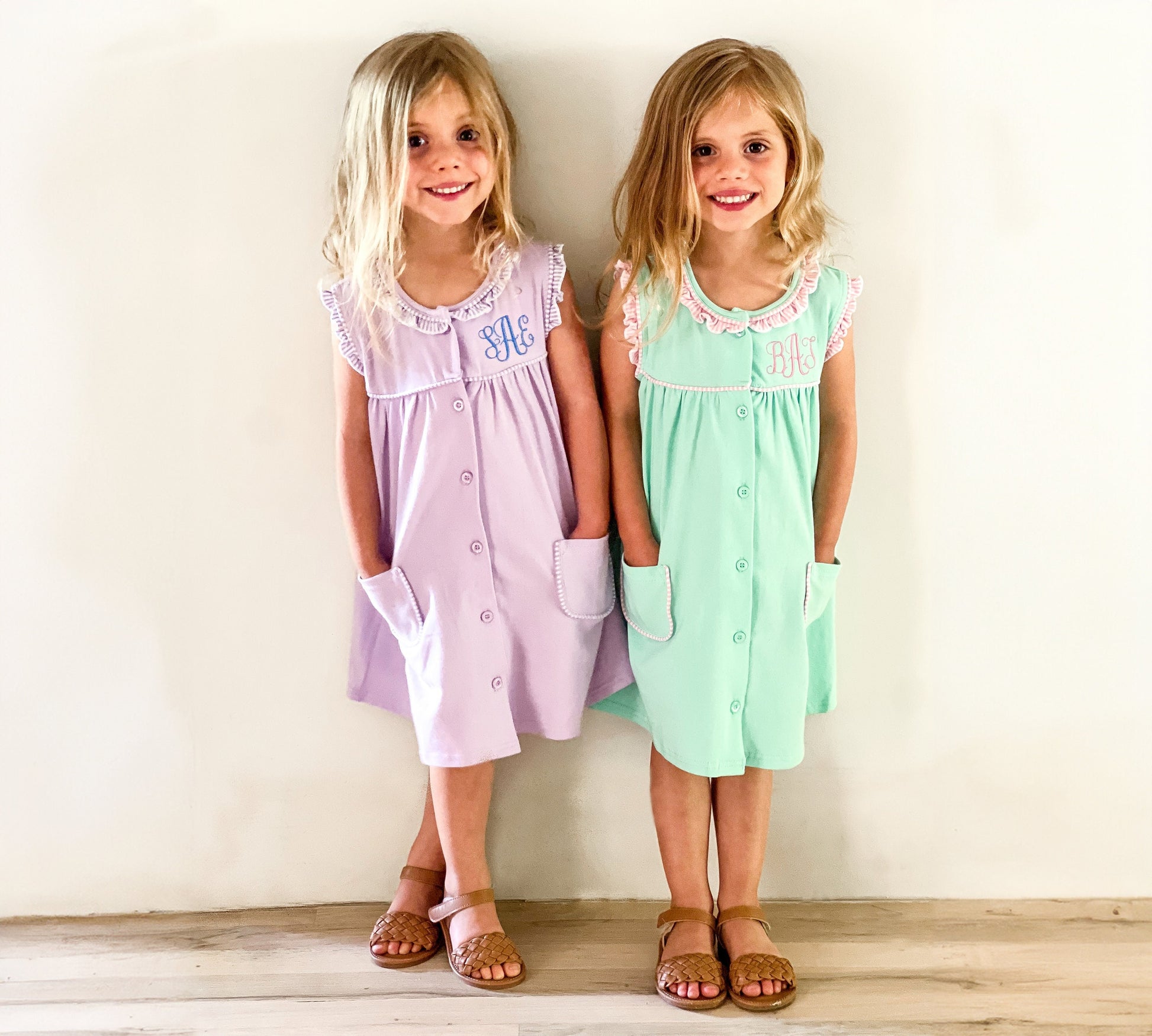 Girls' Monogrammed Button-Front Dress: Ruffle Detail Cotton Summer Outfit
