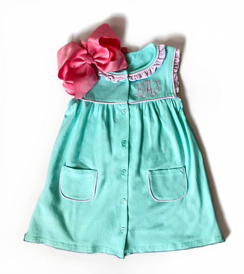 Girls' Monogrammed Button-Front Dress: Ruffle Detail Cotton Summer Outfit