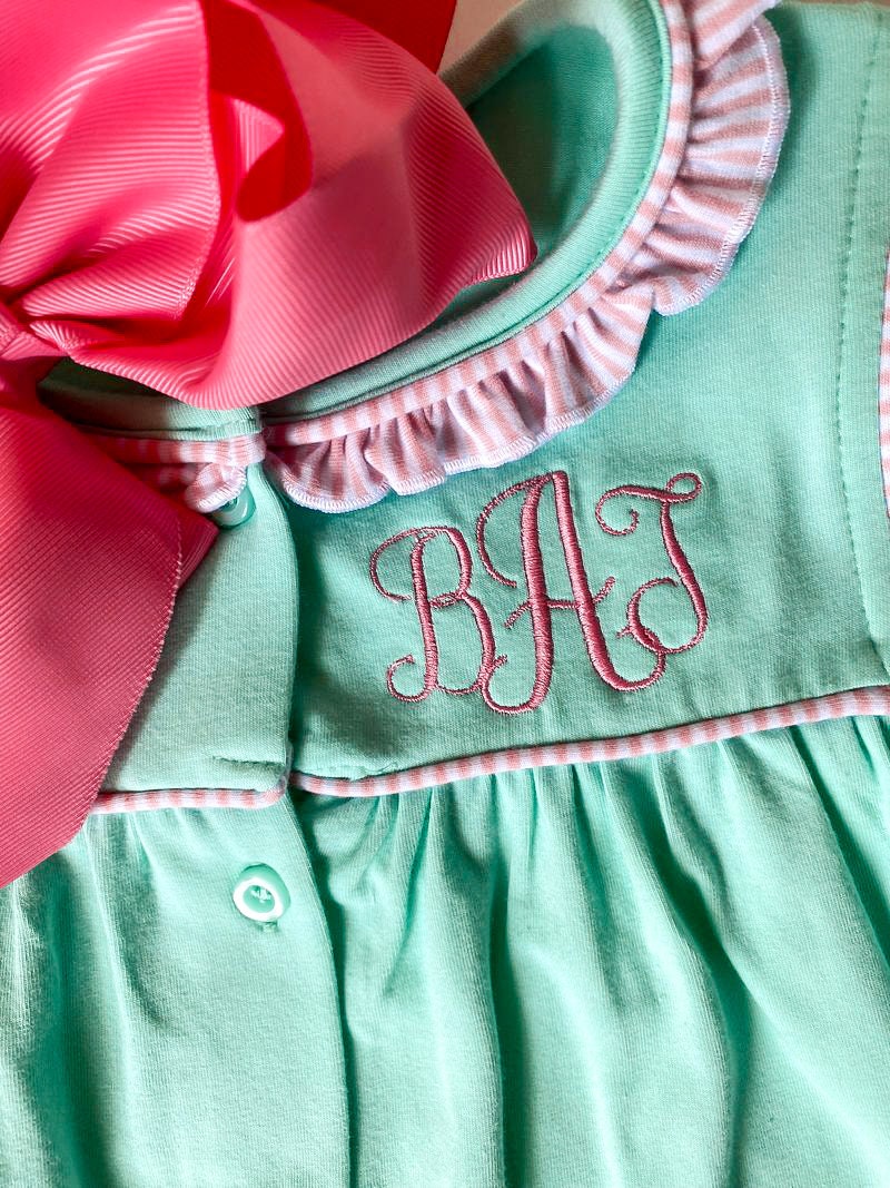 Girls' Monogrammed Button-Front Dress: Ruffle Detail Cotton Summer Outfit
