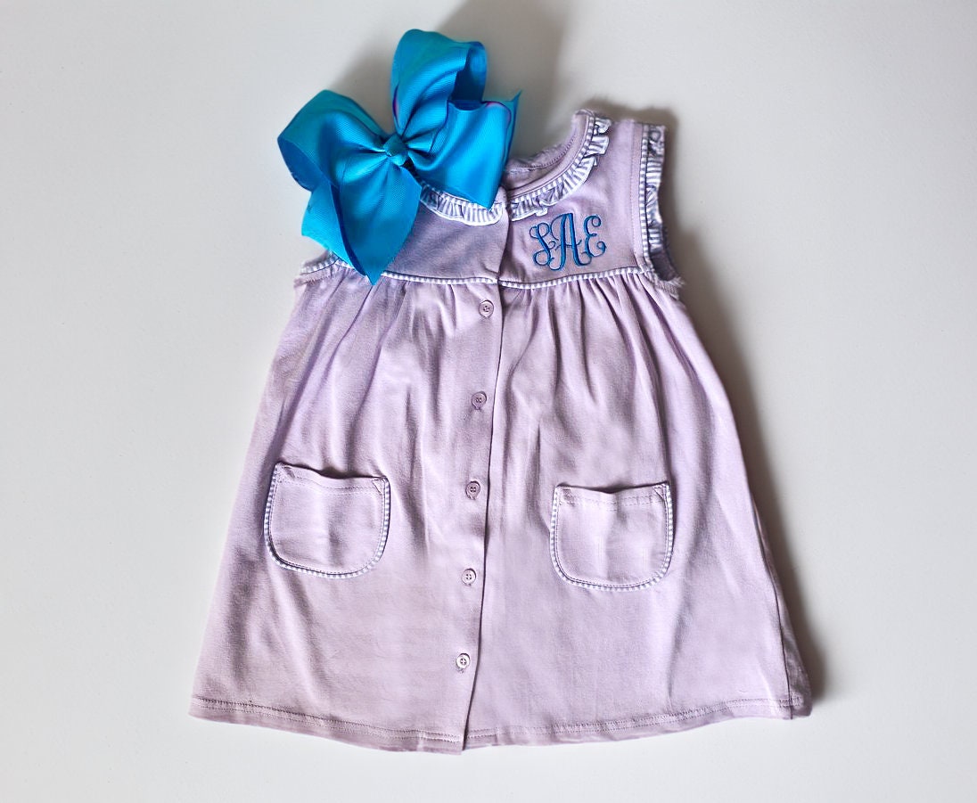 Girls' Monogrammed Button-Front Dress: Ruffle Detail Cotton Summer Outfit