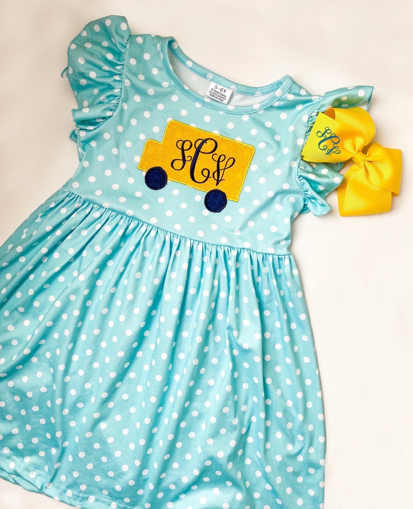 Girls' Monogrammed School Bus Dress with Matching Bow: Embroidered First Day Outfit