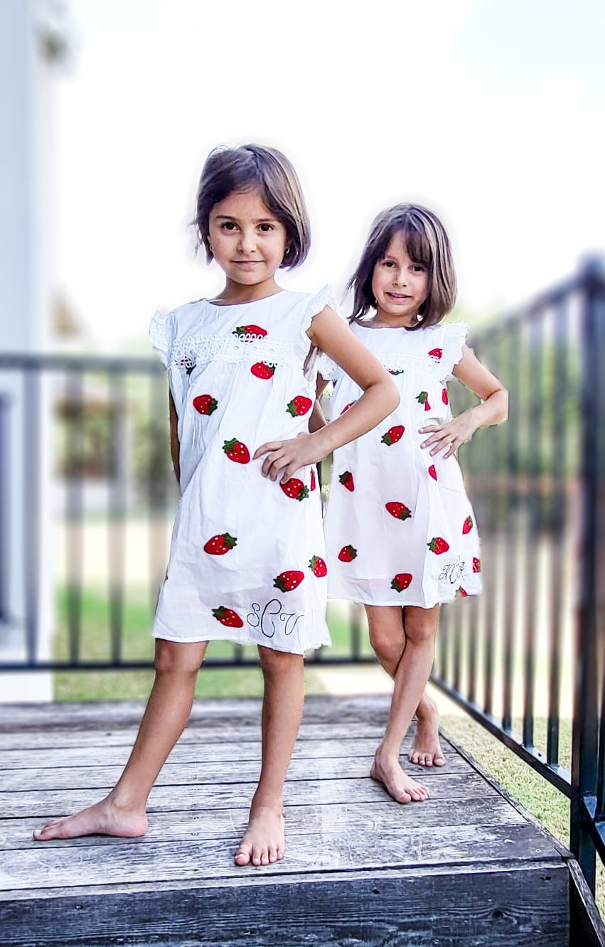 Girls' Monogrammed Strawberry Dress: Embroidered Custom Summer Outfit