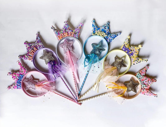 Girls Monogrammed Tiara Headband and Fairy Wand Set: Princess Party Favors