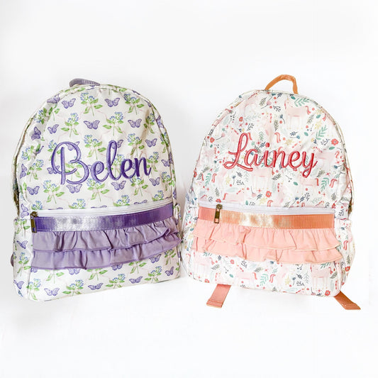 Girls Unicorn Butterfly Backpack, Floral Ruffle, Monogrammed
