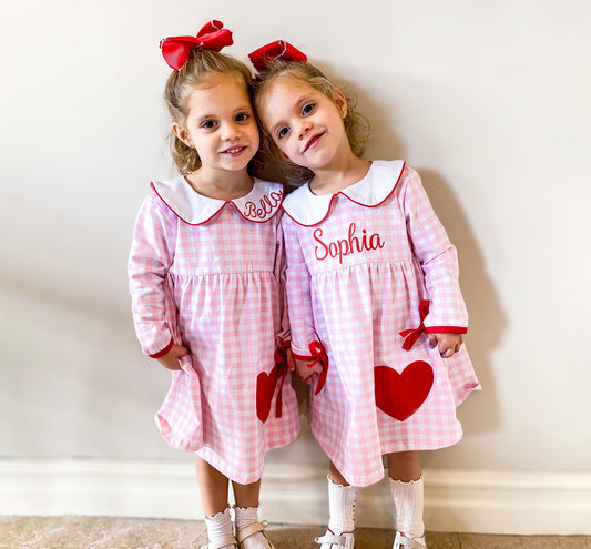 Girls Valentine's Day Dress, Pink Gingham, Monogrammed Peter Pan Collar, Heart Applique