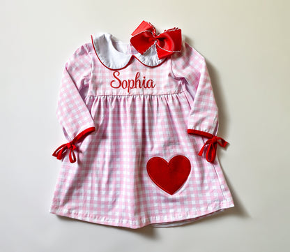 Girls Valentine's Day Dress, Pink Gingham, Monogrammed Peter Pan Collar, Heart Applique