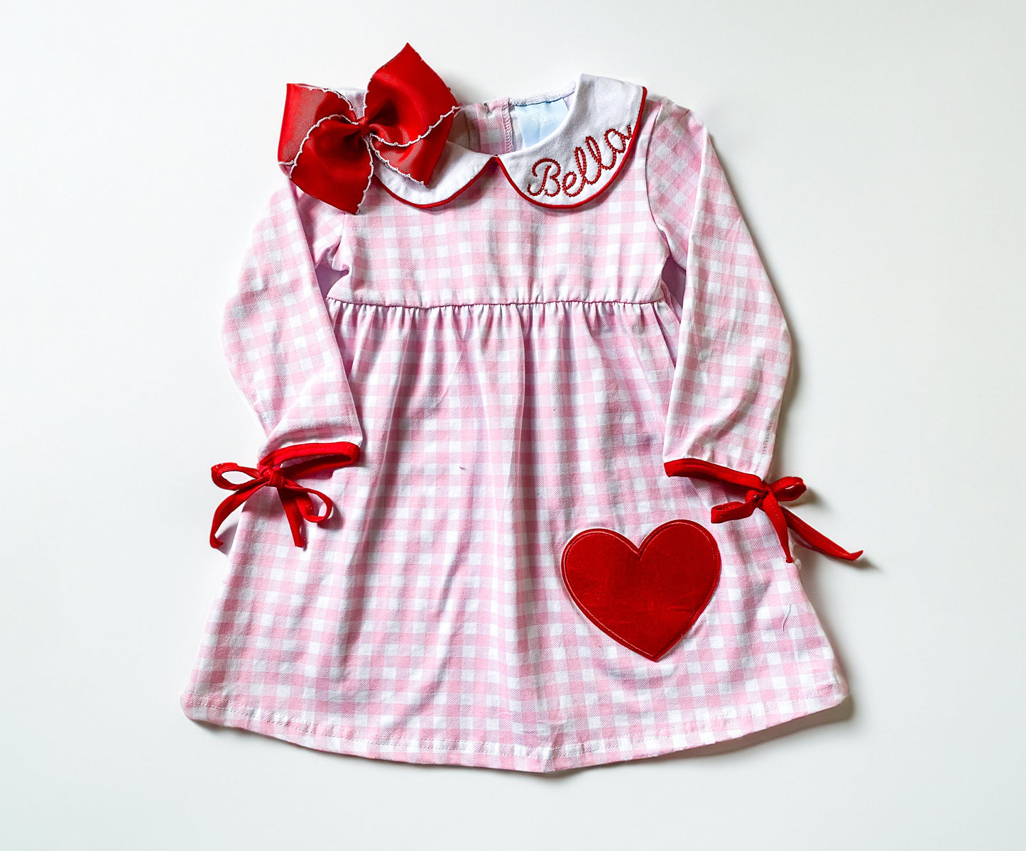 Girls Valentine's Day Dress, Pink Gingham, Monogrammed Peter Pan Collar, Heart Applique