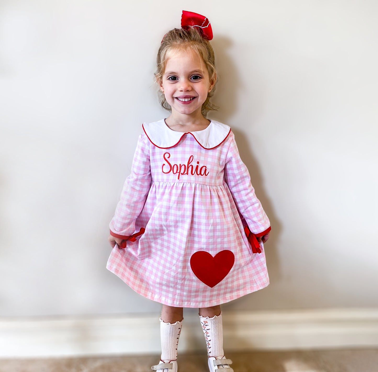 Girls Valentine's Day Dress, Pink Gingham, Monogrammed Peter Pan Collar, Heart Applique