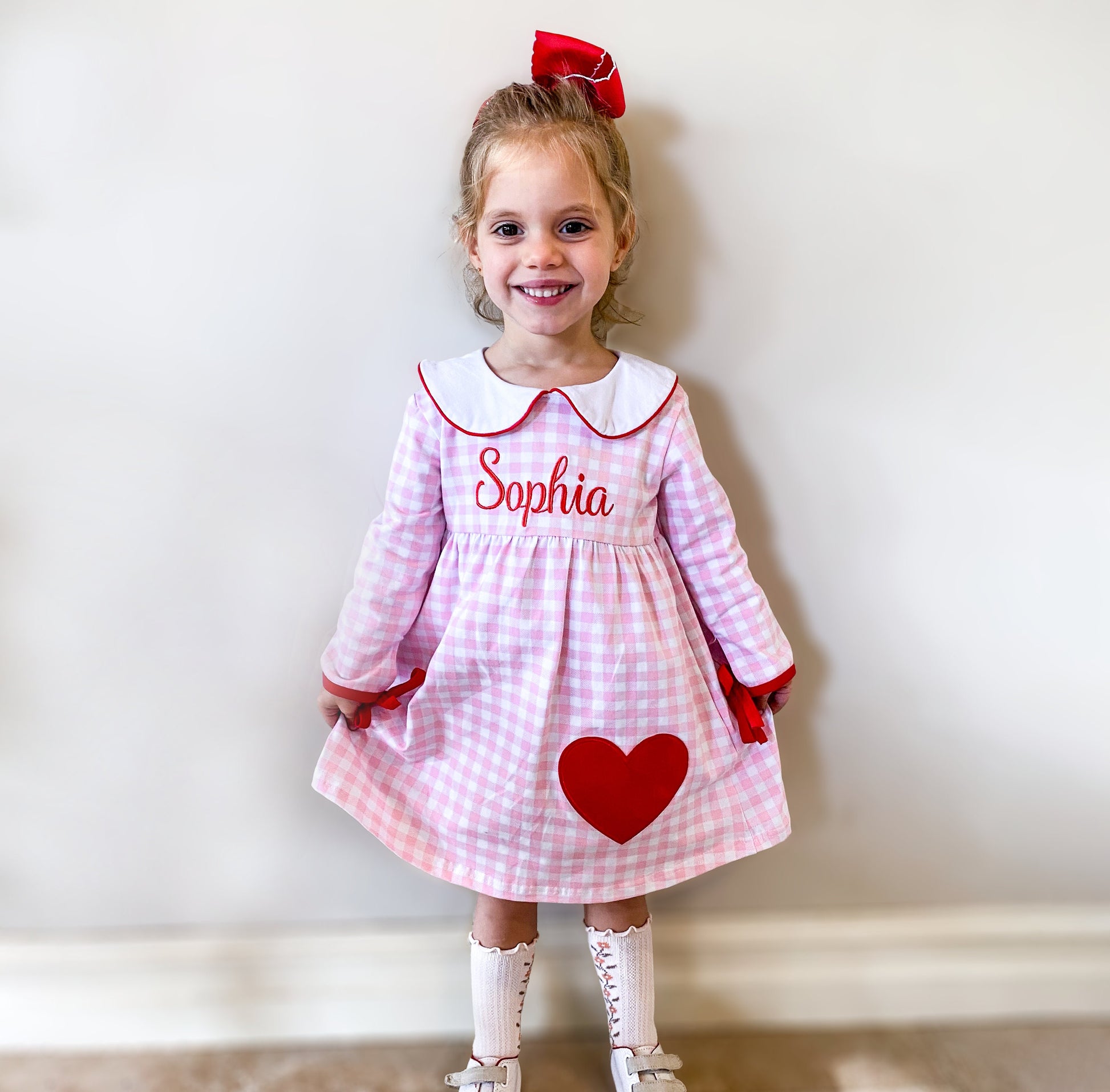 Girls Valentine's Day Dress, Pink Gingham, Monogrammed Peter Pan Collar, Heart Applique