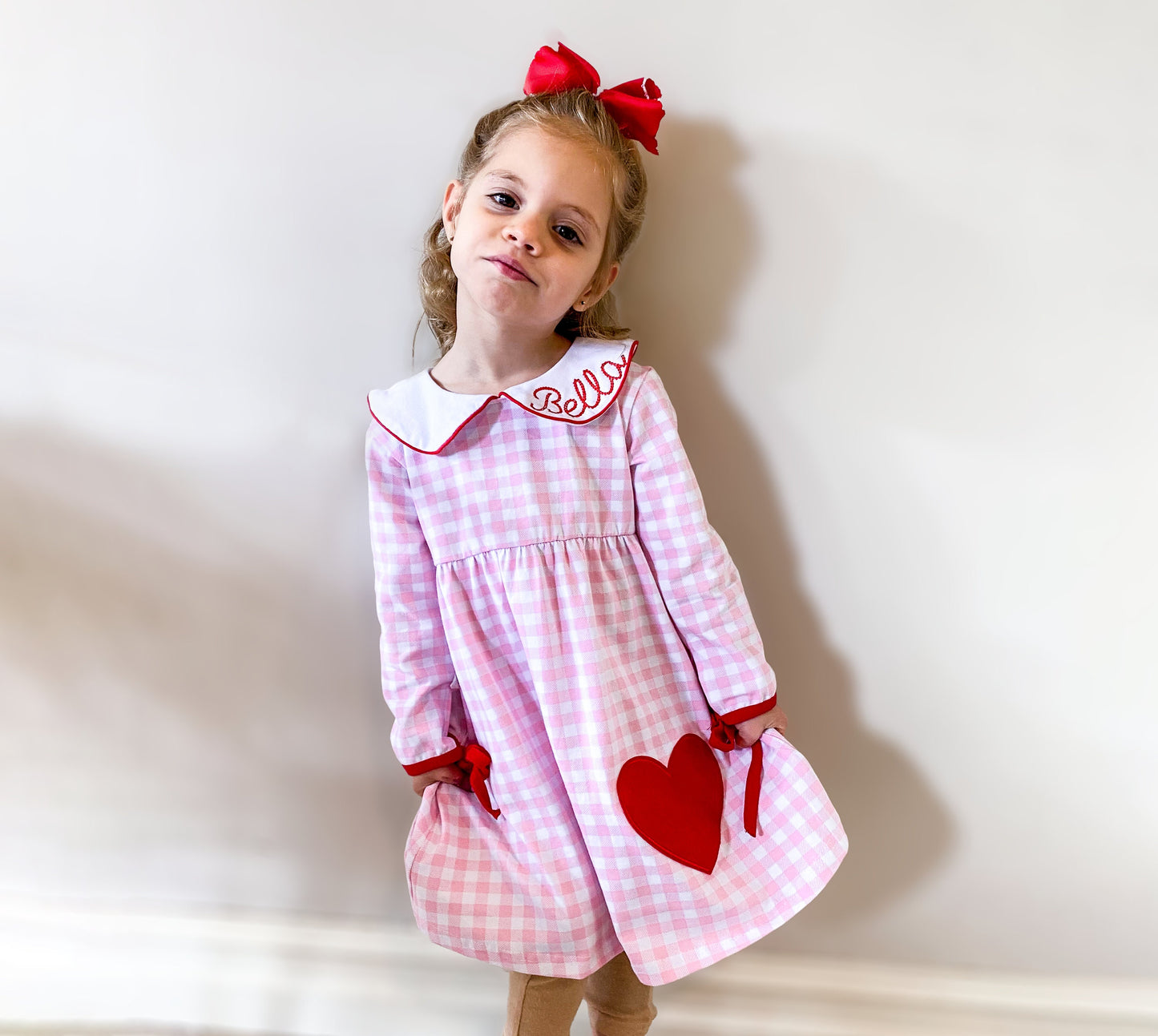 Girls Valentine's Day Dress, Pink Gingham, Monogrammed Peter Pan Collar, Heart Applique