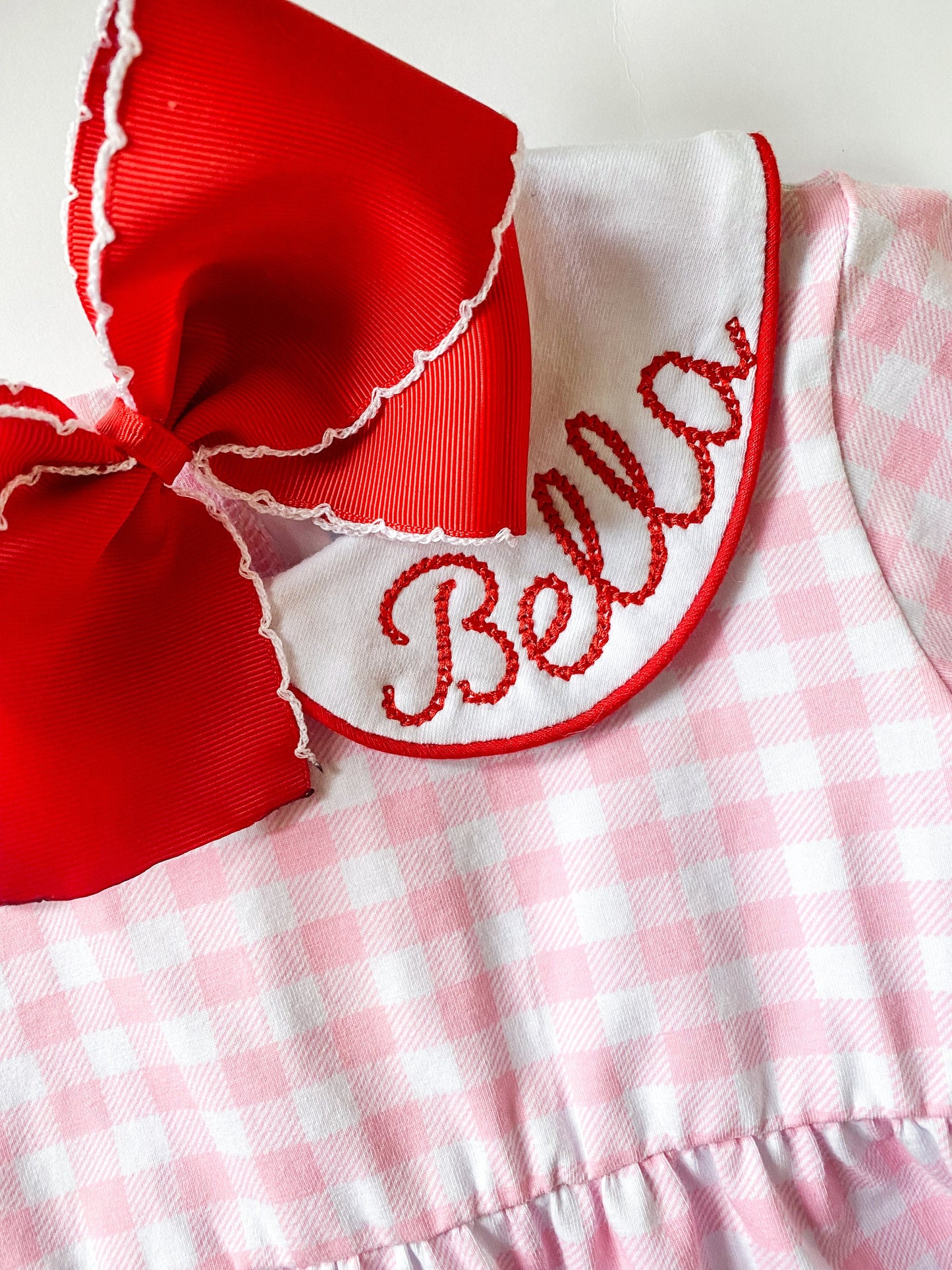 Girls Valentine's Day Dress, Pink Gingham, Monogrammed Peter Pan Collar, Heart Applique