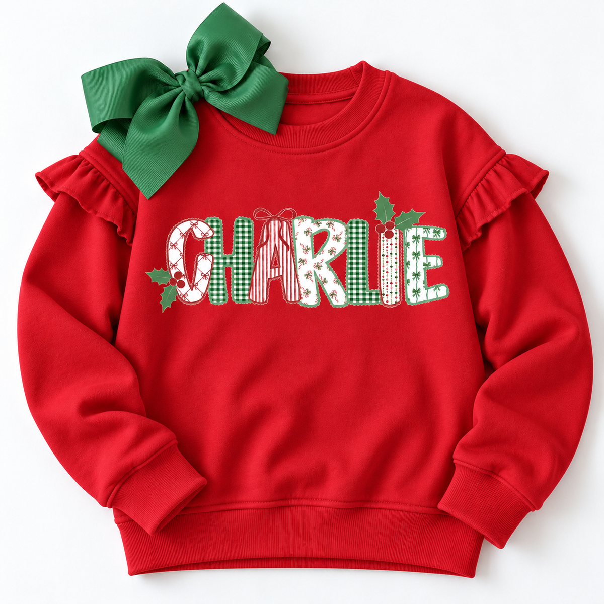 Holly Jolly & Bow — Personalized Red Christmas Ruffle Sweatshirt - Savannah Creations