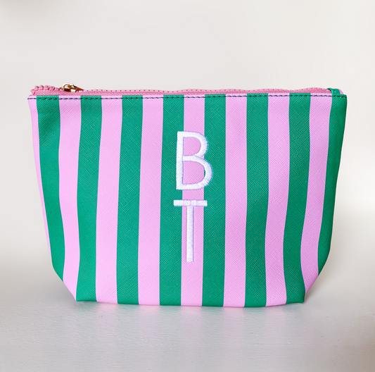 Cute pouch + cosmetic bag | leather pink & green stripe