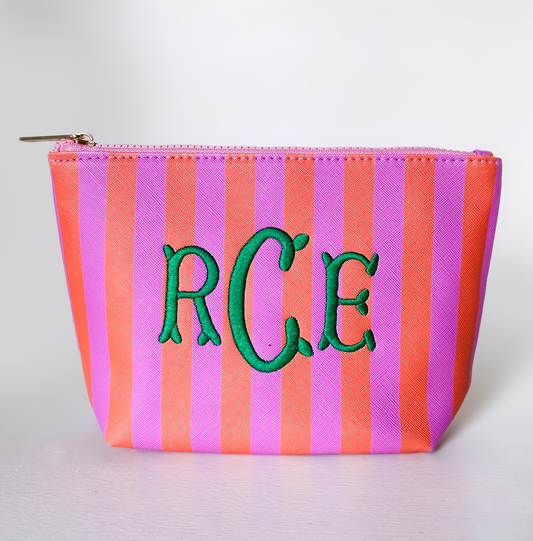 Cute pouch + cosmetic bag | leather pink & red stripe