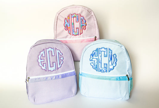 Kids Seersucker Monogram Backpack, Personalized School Travel Bag