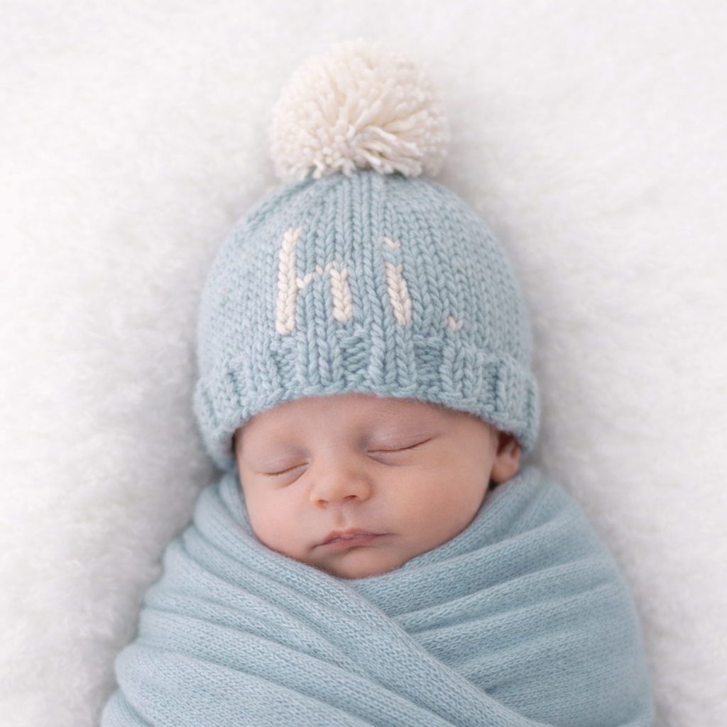 Light Blue Hand Knit Baby Beanie with Pom Pom - Savannah Creations