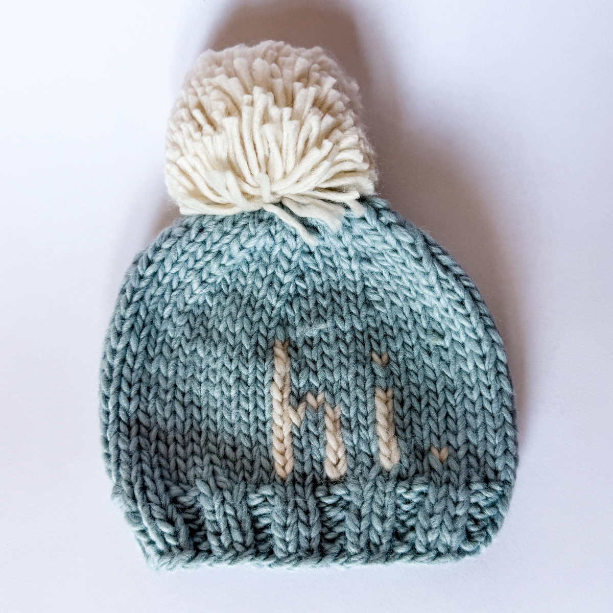 Light Blue Hand Knit Baby Beanie with Pom Pom - Savannah Creations